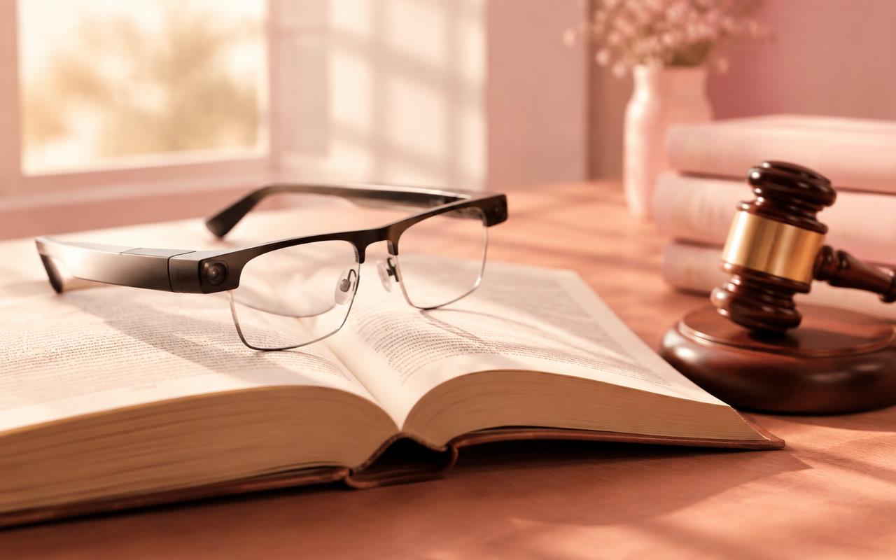 Smart glasses resting on an open law book
